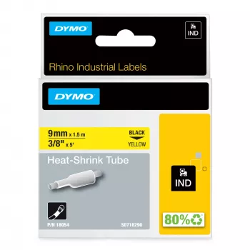 DYMO Rhino pramoniniai termosusitraukiantys kabelių žymėjimo vamzdeliai | 9 mm x 1,5 m | Juoda ant geltonos | Rhino etikečių spausdintuvams