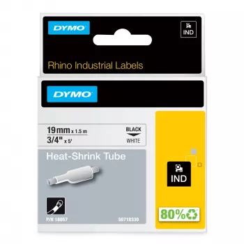 DYMO Rhino pramoniniai termosusitraukiantys kabelių žymėjimo vamzdeliai | 19 mm x 1,5 m | juodas spaudinys ant balto | lipnūs | Rhino etikečių spausdintuvams