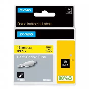 DYMO Rhino pramoniniai termosusitraukiantys kabelių žymėjimo vamzdeliai | 19 mm x 1,5 m | juodas spaudinys ant geltono | skirta Rhino etikečių spausdintuvams