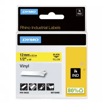DYMO Rhino pramoninės vinilo etiketės | 12 mm x 5,5 m | juodas spausdinimas ant geltono | lipnios | skirta Rhino ir LabelManager etikečių spausdintuvams