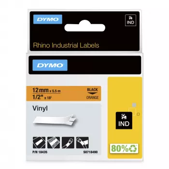 DYMO Rhino pramoninės vinilinės etiketės | 12 mm x 5,5 m | Juodas spaudinys ant oranžinio | Lipnios | skirtos Rhino ir LabelManager etikečių spausdintuvams