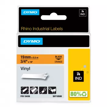 DYMO Rhino pramoninės vinilinės etiketės | 19 mm x 5,5 m | Juodas spausdinimas ant oranžinės | Lipnios | Rhino ir LabelManager etikečių spausdintuvams