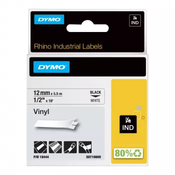 DYMO Rhino pramoninės vinilinės etiketės | 12 mm x 5,5 m | juodas spausdinimas ant baltos | lipnios | skirtos Rhino ir LabelManager etikečių spausdintuvams