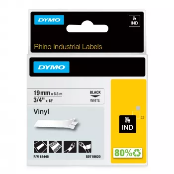 DYMO Rhino pramoninės vinilinės etiketės | 19 mm x 5,5 m | Juodas spaudinys ant balto | Lipnios | Skirtos Rhino ir LabelManager etikečių spausdintuvams