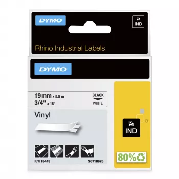 DYMO Rhino pramoninės vinilinės etiketės | 19 mm x 5,5 m | Juodas spaudinys ant balto | Lipnios | Skirtos Rhino ir LabelManager etikečių spausdintuvams