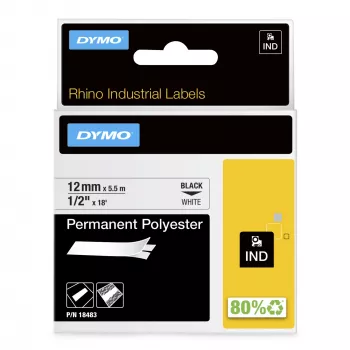 DYMO Rhino Industrial nuolatinės poliesterio etiketės | 12 mm x 5,5 m | juodas spaudinys ant baltos | lipnios | skirta Rhino ir LabelManager etikečių spausdintuvams