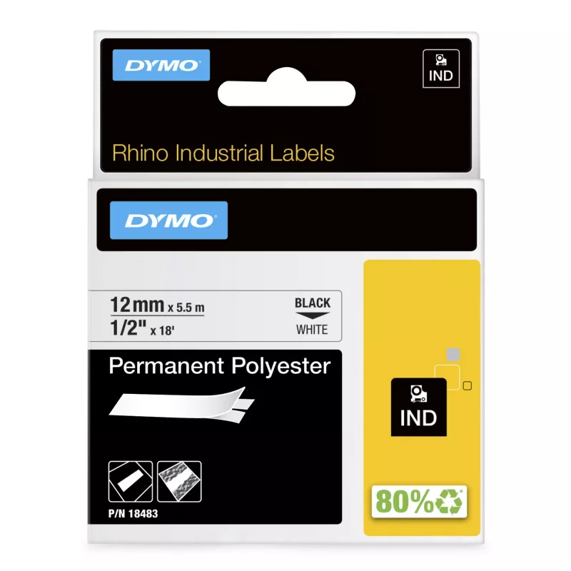 DYMO Rhino Industrial nuolatinės poliesterio etiketės | 12 mm x 5,5 m | juodas spaudinys ant baltos | lipnios | skirta Rhino ir LabelManager etikečių spausdintuvams