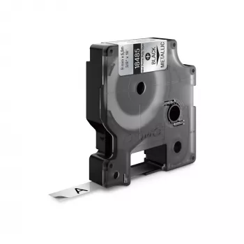 DYMO Rhino pramoninės nuolatinės poliesterio etiketės | 9 mm x 5,5 m | juodas spaudinys ant metalinio | lipnios | skirta Rhino ir LabelManager etikečių spausdintuvams
