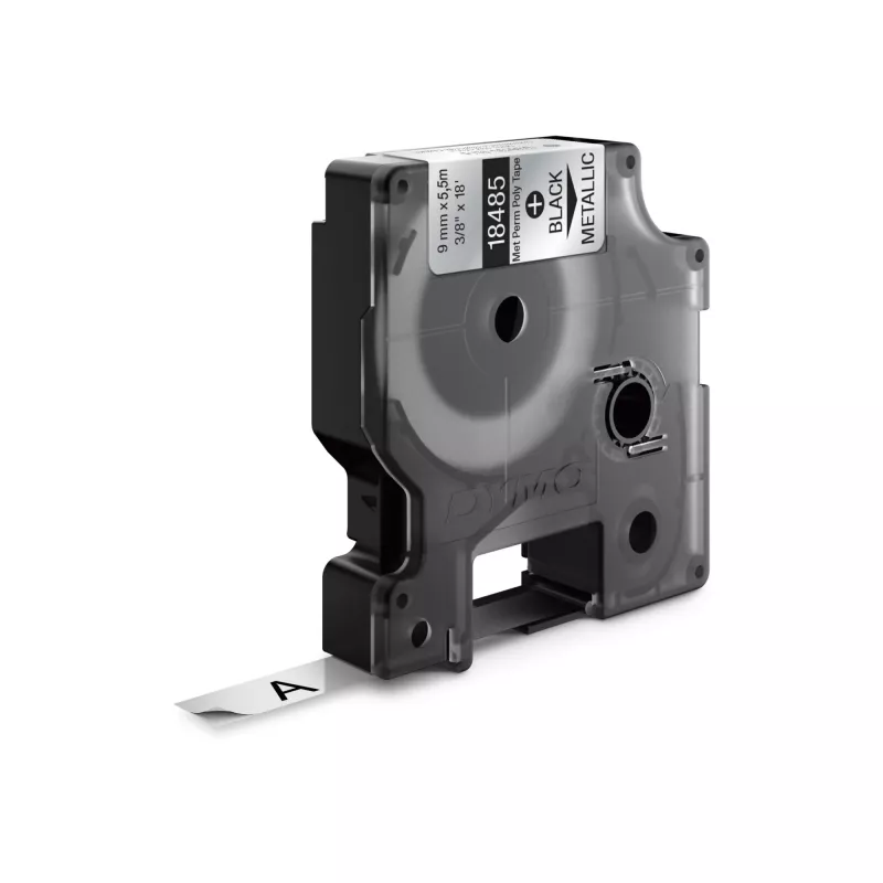 DYMO Rhino pramoninės nuolatinės poliesterio etiketės | 9 mm x 5,5 m | juodas spaudinys ant metalinio | lipnios | skirta Rhino ir LabelManager etikečių spausdintuvams
