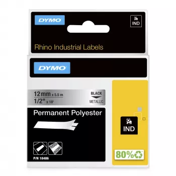DYMO Rhino Industrial nuolatinės poliesterio etiketės | 12 mm x 5,5 m | juodas spausdinimas ant metalinio | skirta Rhino ir LabelManager etikečių spausdintuvams