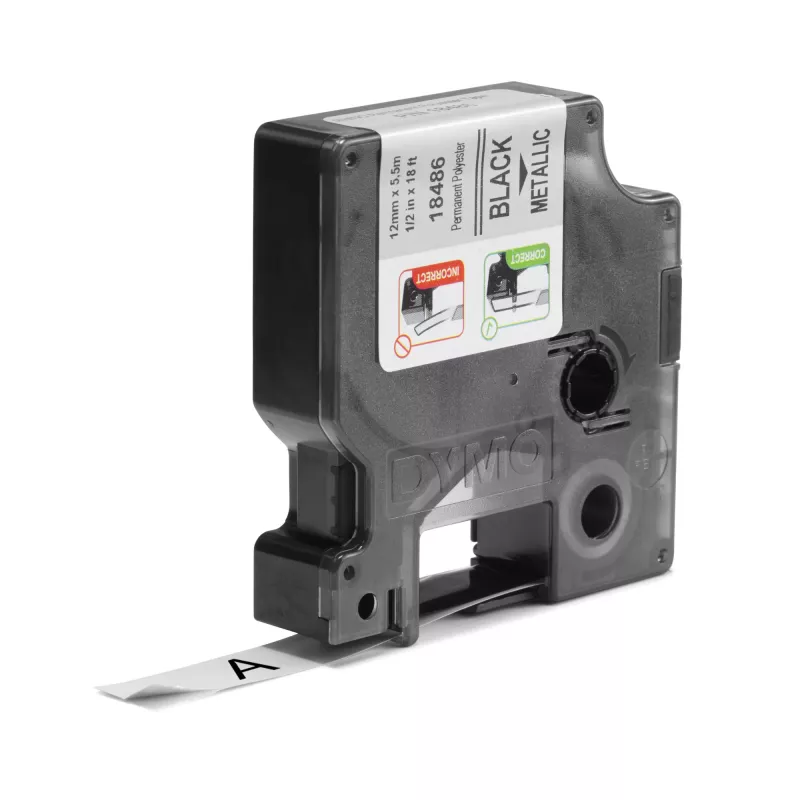 DYMO Rhino Industrial nuolatinės poliesterio etiketės | 12 mm x 5,5 m | juodas spausdinimas ant metalinio | skirta Rhino ir LabelManager etikečių spausdintuvams