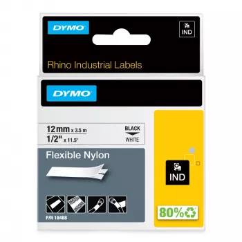 DYMO Rhino pramoninės lanksčios nailoninės etiketės | 12 mm x 3,5 m | juodas spausdinimas ant baltos spalvos | lipnios | skirta Rhino ir LabelManager etikečių spausdintuvams