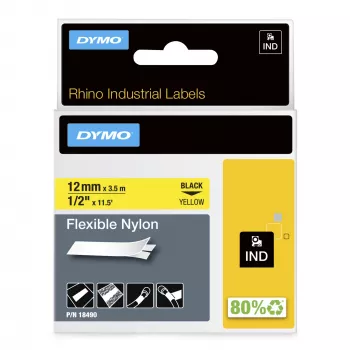 DYMO Rhino pramoninės lanksčios nailono etiketės | 12 mm x 3,5 m | juodas spaudinys ant geltono | lipnios | skirta Rhino ir LabelManager etikečių spausdintuvams