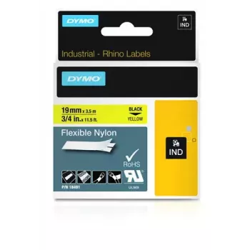 DYMO Rhino Industrial Flexible Nylon Labels 19 mm x 3,5 m juodas spausdinimas ant geltonos lipnios juostos skirta Rhino ir LabelManager etikečių spausdintuvams
