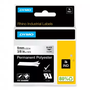 DYMO Rhino pramoninė poliesterio etikečių juosta | 9 mm x 5,5 m | juodas spaudinys ant skaidrios | lipni | skirta LabelManager ir Rhino etikečių spausdintuvams
