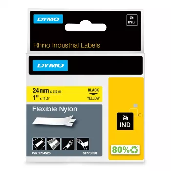 DYMO Rhino Industrial Flexible Nylon Labels | 24 mm x 3,5 m | Juodas spausdinimas ant geltonos | Lipni juosta | skirta Rhino ir LabelManager žymekliams