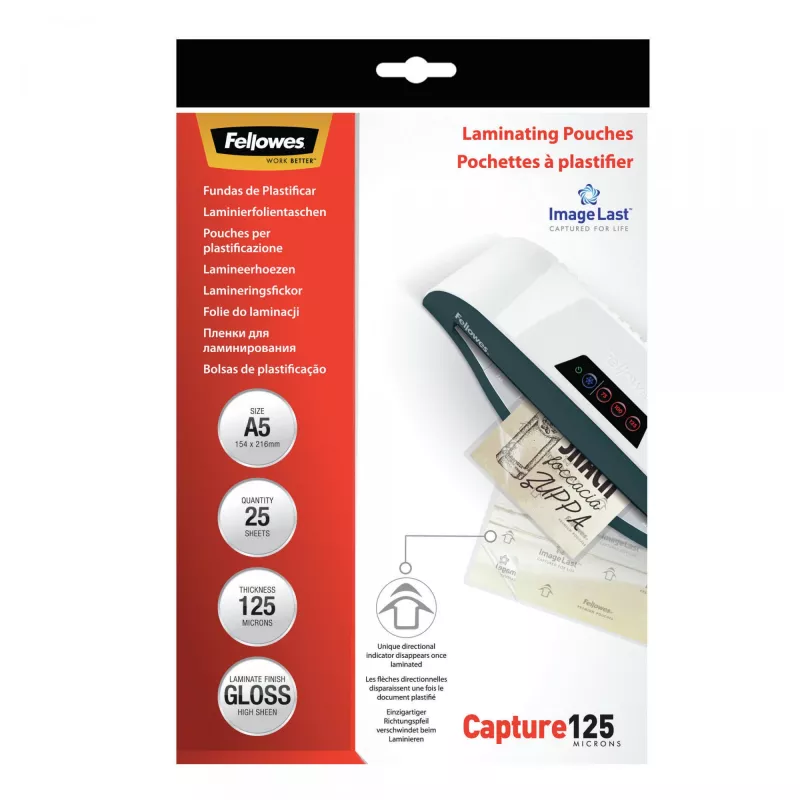 Fellowes ImageLast A5 125 Micron Laminavimo Maišelis – 25 vnt., Blizgus, Skaidrus, A5, 0,125 mm, 218 mm, 1 mm