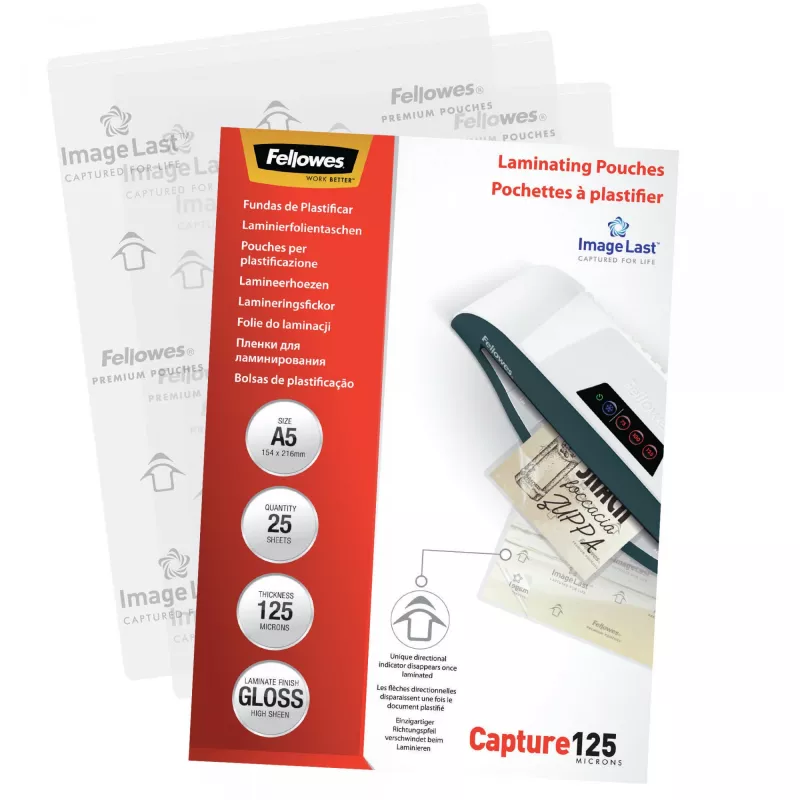 Fellowes ImageLast A5 125 Micron Laminavimo Maišelis – 25 vnt., Blizgus, Skaidrus, A5, 0,125 mm, 218 mm, 1 mm