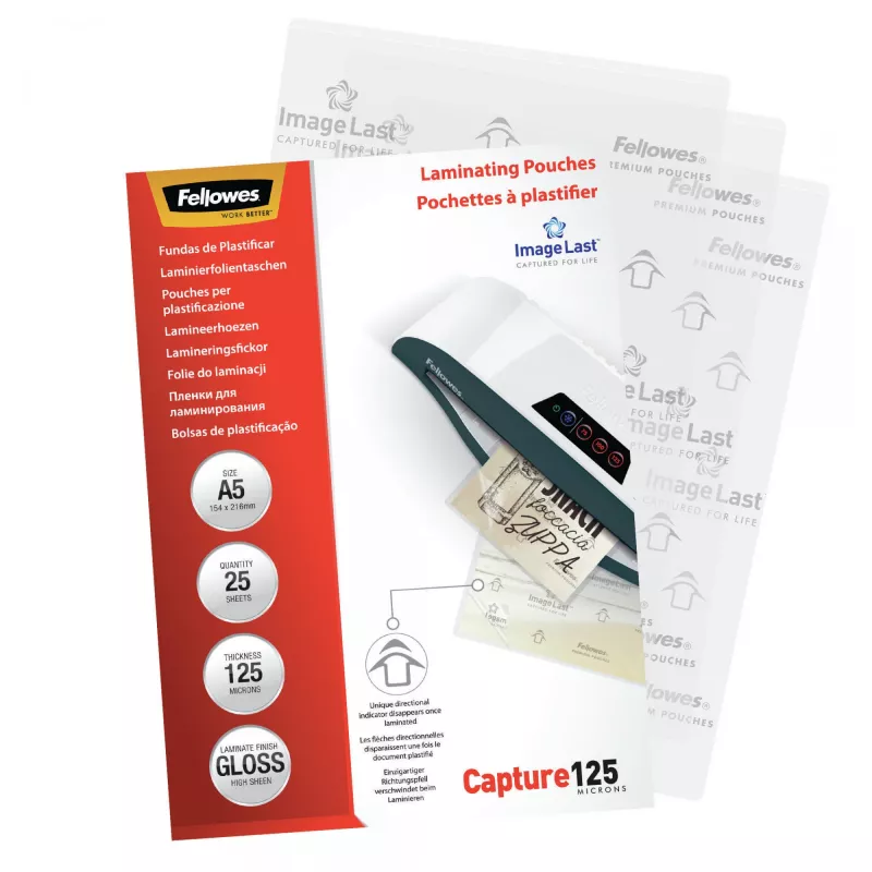 Fellowes ImageLast A5 125 Micron Laminavimo Maišelis – 25 vnt., Blizgus, Skaidrus, A5, 0,125 mm, 218 mm, 1 mm
