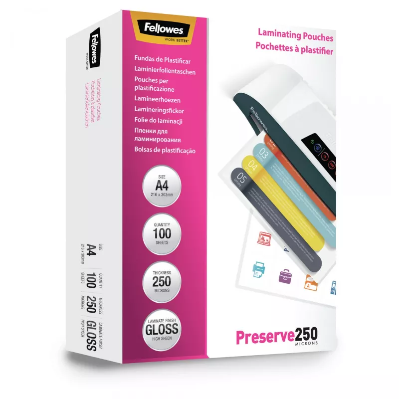 Fellowes A4 blizgūs laminavimo maišeliai 250 mikronų, 100 vnt., skaidrūs
