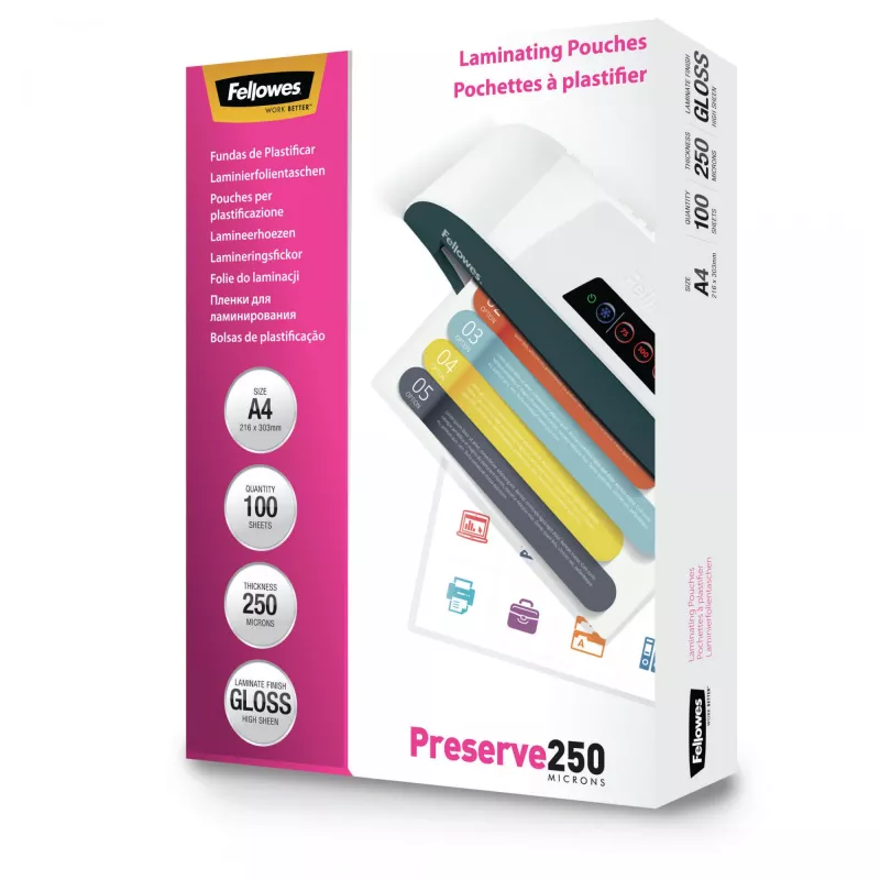 Fellowes A4 blizgūs laminavimo maišeliai 250 mikronų, 100 vnt., skaidrūs