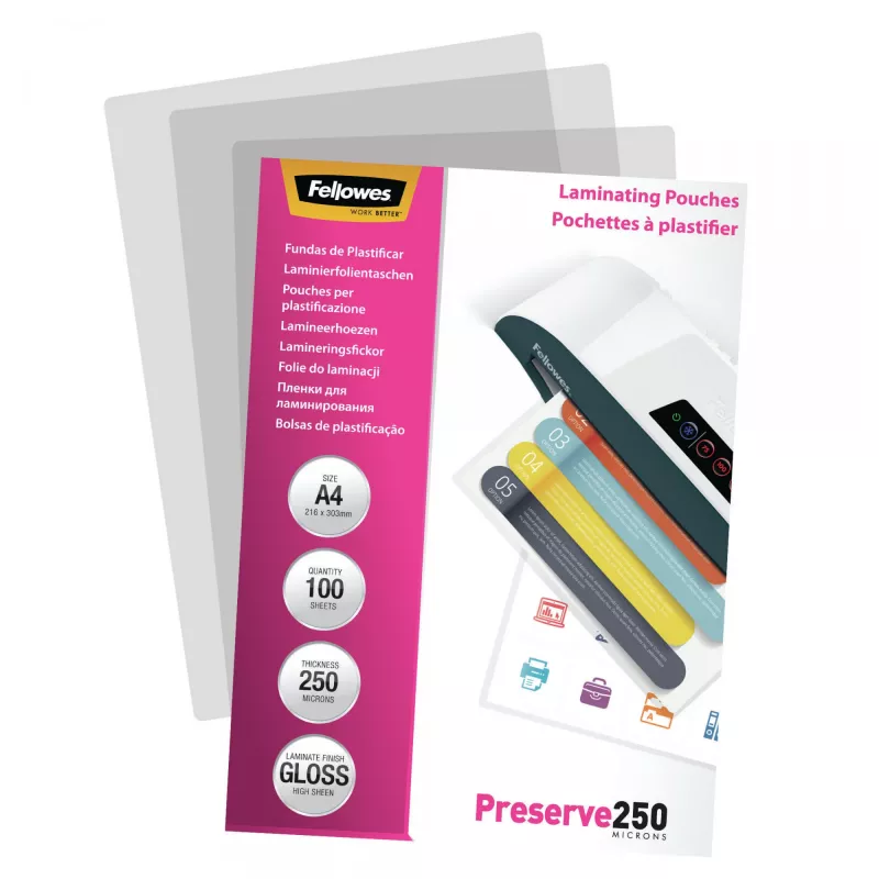 Fellowes A4 blizgūs laminavimo maišeliai 250 mikronų, 100 vnt., skaidrūs