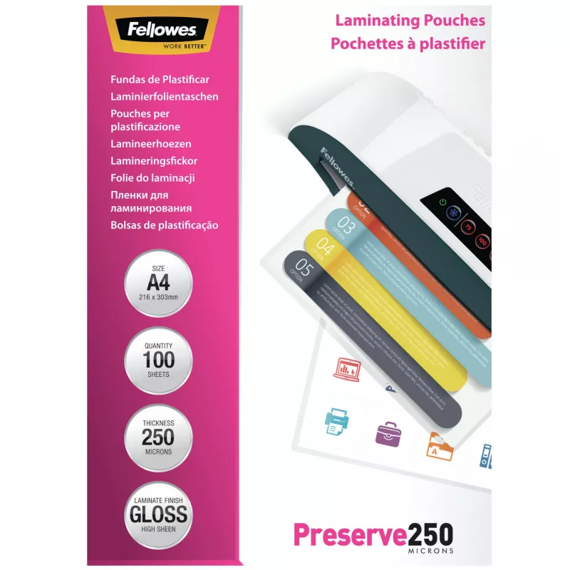 Fellowes A4 blizgūs laminavimo maišeliai 250 mikronų, 100 vnt., skaidrūs