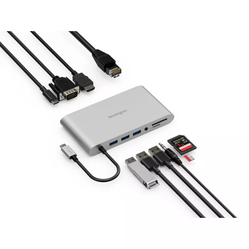 Kensington UH1440P USB-C 5Gbps dvigubas vaizdo belaidis mobilus dokas – 85W galios perdavimas – DP/HDMI/VGA