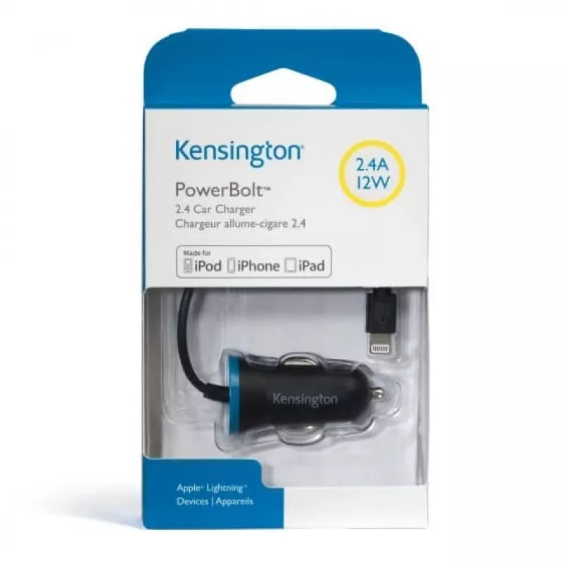 Automobilinis įkroviklis Kensington PowerBolt™ 2.4 Car Charger — juodas, su integruotu Lightning kabeliu, 1 m