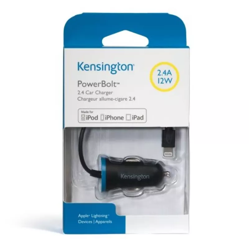 Automobilinis įkroviklis Kensington PowerBolt™ 2.4 Car Charger — juodas, su integruotu Lightning kabeliu, 1 m