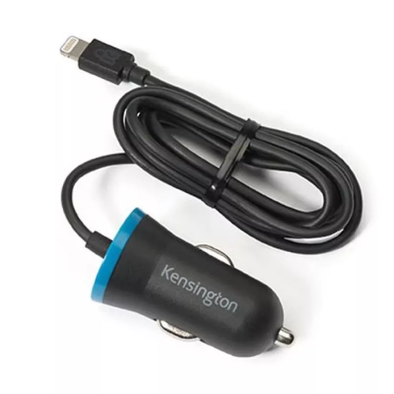 Automobilinis įkroviklis Kensington PowerBolt™ 2.4 Car Charger — juodas, su integruotu Lightning kabeliu, 1 m