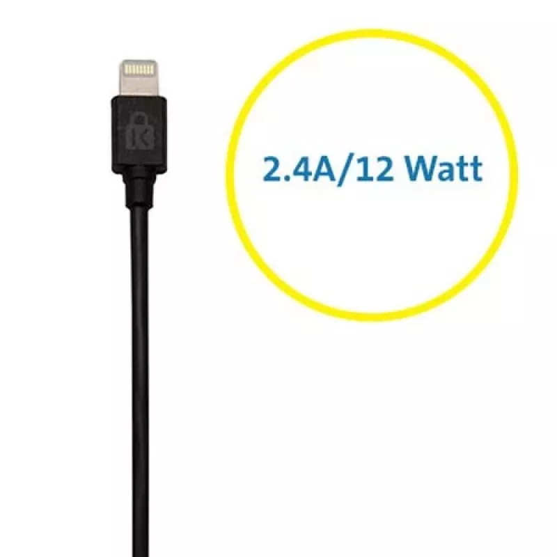 Automobilinis įkroviklis Kensington PowerBolt™ 2.4 Car Charger — juodas, su integruotu Lightning kabeliu, 1 m