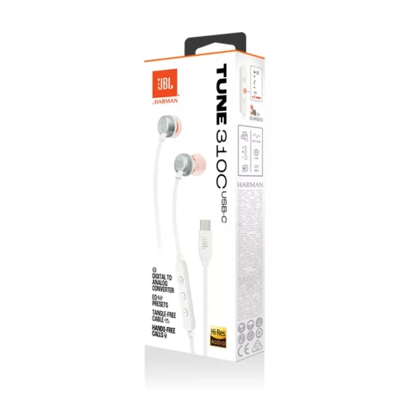 JBL Tune 310C ausinės su laidas, į ausis, skambučiams/muzikai, USB Type-C, baltos