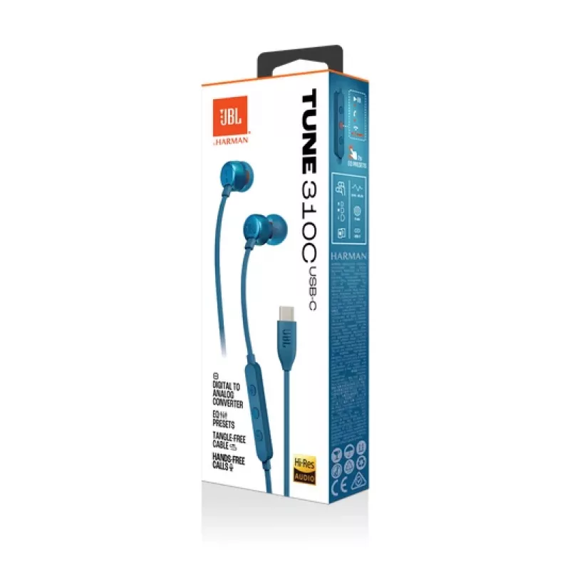 JBL Tune 310C USB ausinės laidinės į ausį, skambučiams/muzikai, USB Type-C, mėlynos