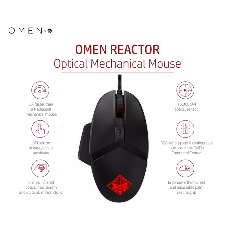 HP OMEN Reactor pelė, dešinė ranka, optinė, USB-A, 16000 DPI, 0.2 ms, juoda