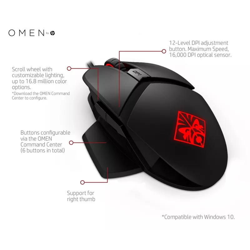 HP OMEN Reactor pelė, dešinė ranka, optinė, USB-A, 16000 DPI, 0.2 ms, juoda