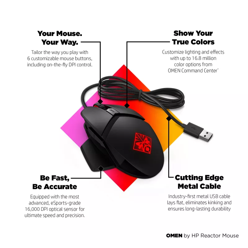 HP OMEN Reactor pelė, dešinė ranka, optinė, USB-A, 16000 DPI, 0.2 ms, juoda