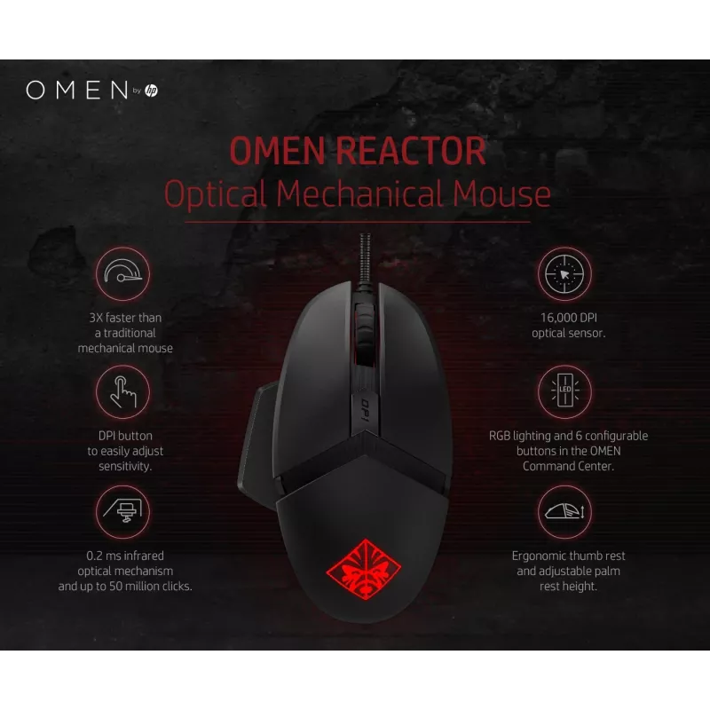 HP OMEN Reactor pelė, dešinė ranka, optinė, USB-A, 16000 DPI, 0.2 ms, juoda