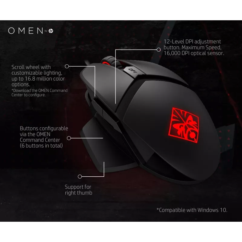 HP OMEN Reactor pelė, dešinė ranka, optinė, USB-A, 16000 DPI, 0.2 ms, juoda