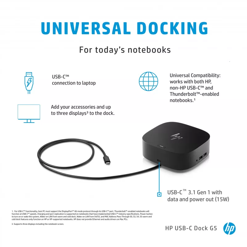 HP USB-C Dock G5, USB 3.2 Gen 1 Type-C dokų stotelė, juoda