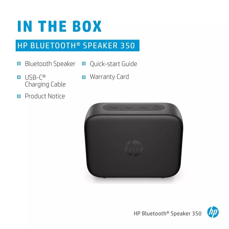 HP Black Bluetooth Speaker 350, belaidis, USB Type-C, monofoninis nešiojamasis garsiakalbis, juodas, stačiakampis, mygtukai
