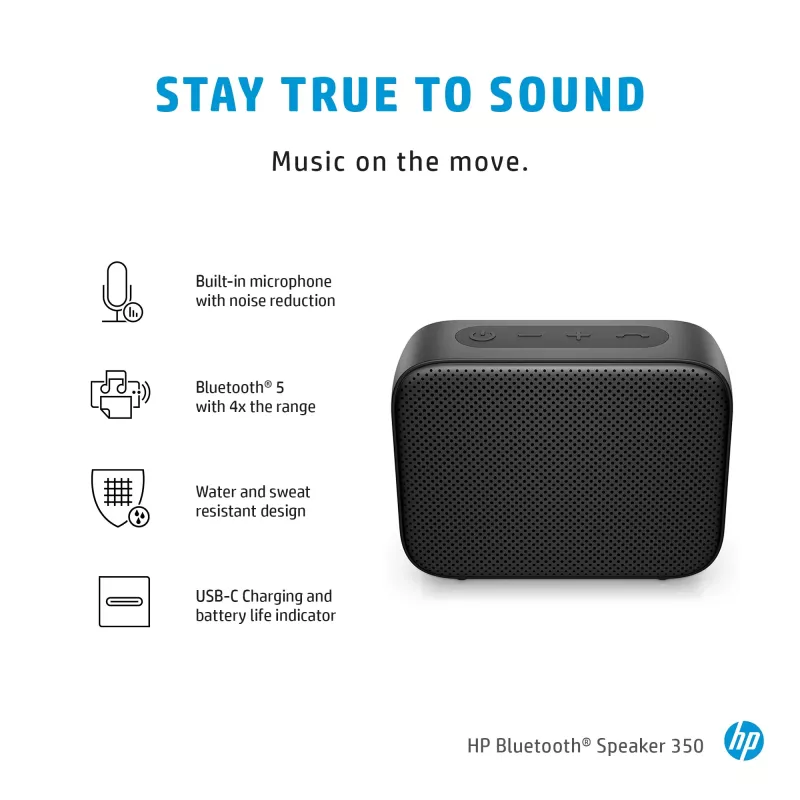 HP Black Bluetooth Speaker 350, belaidis, USB Type-C, monofoninis nešiojamasis garsiakalbis, juodas, stačiakampis, mygtukai