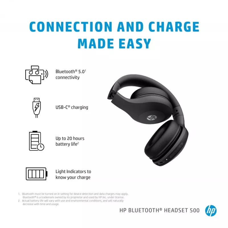 HP Bluetooth ausinės 500, belaidės, 220 g, ausinės, juodos