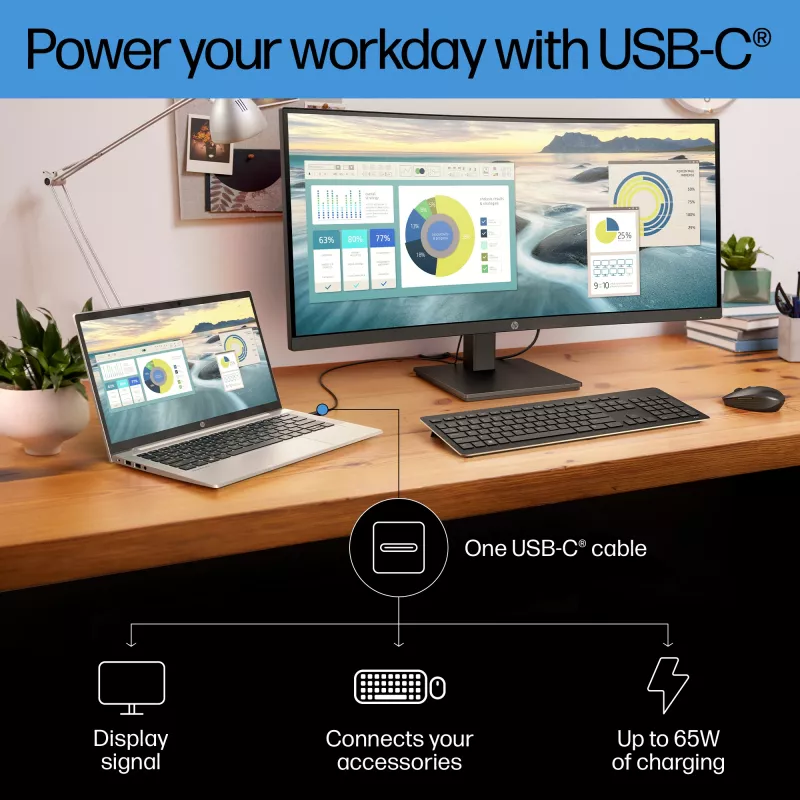 HP P34hc G4 WQHD USB-C lenktas monitorius, 86,4 cm (34 col.), 3440 x 1440 pikselių, Wide Quad HD, LCD, 5 ms, juodas