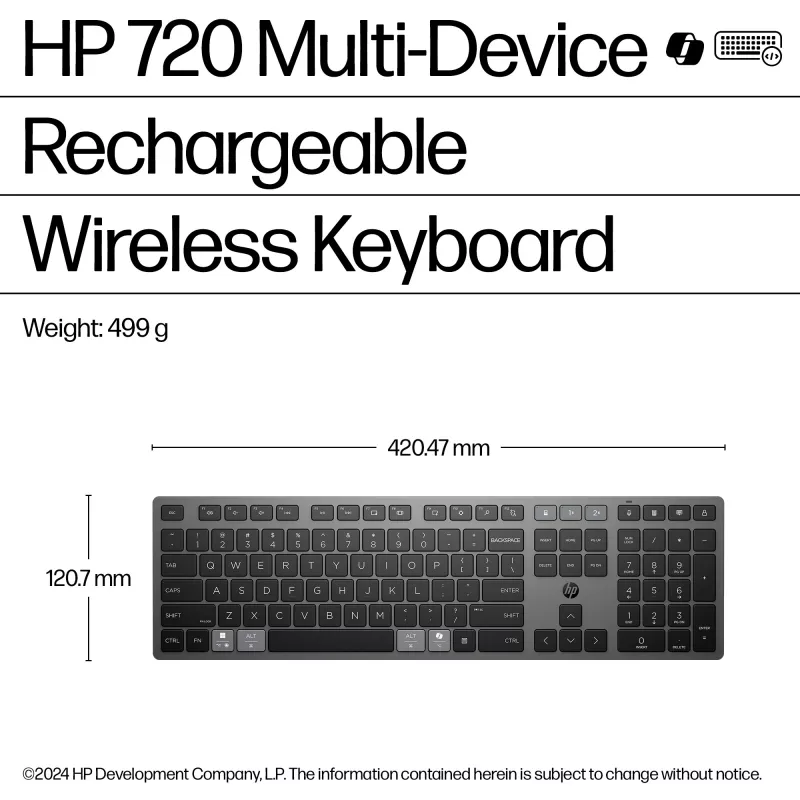 HP 720 Multi-Device belaidė klaviatūra su įkrovimu, pilno dydžio (100%), belaidė, USB + Bluetooth, mechaninė, QWERTY, juoda