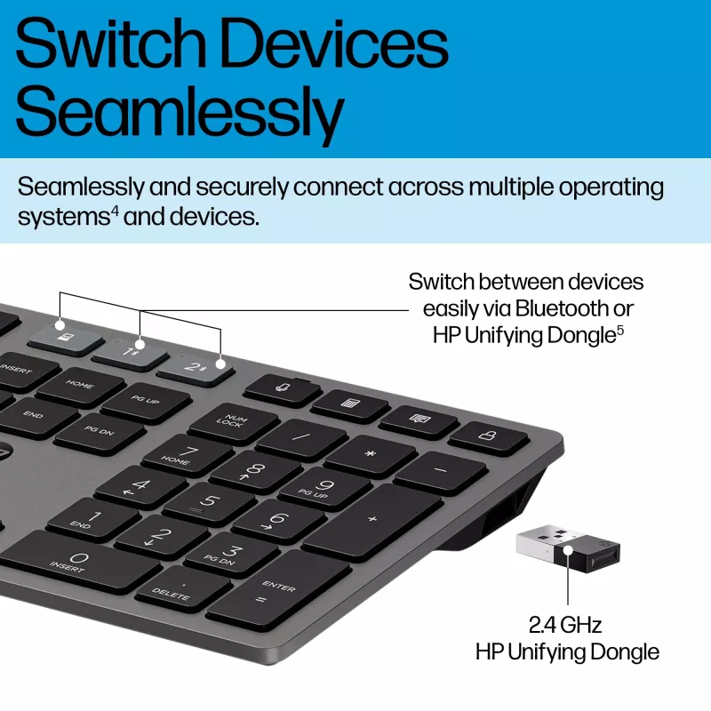 HP 720 Multi-Device belaidė klaviatūra su įkrovimu, pilno dydžio (100%), belaidė, USB + Bluetooth, mechaninė, QWERTY, juoda