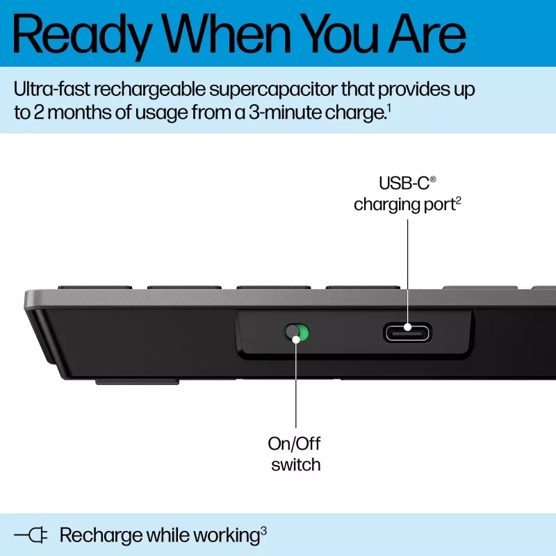 HP 720 Multi-Device belaidė klaviatūra su įkrovimu, pilno dydžio (100%), belaidė, USB + Bluetooth, mechaninė, QWERTY, juoda