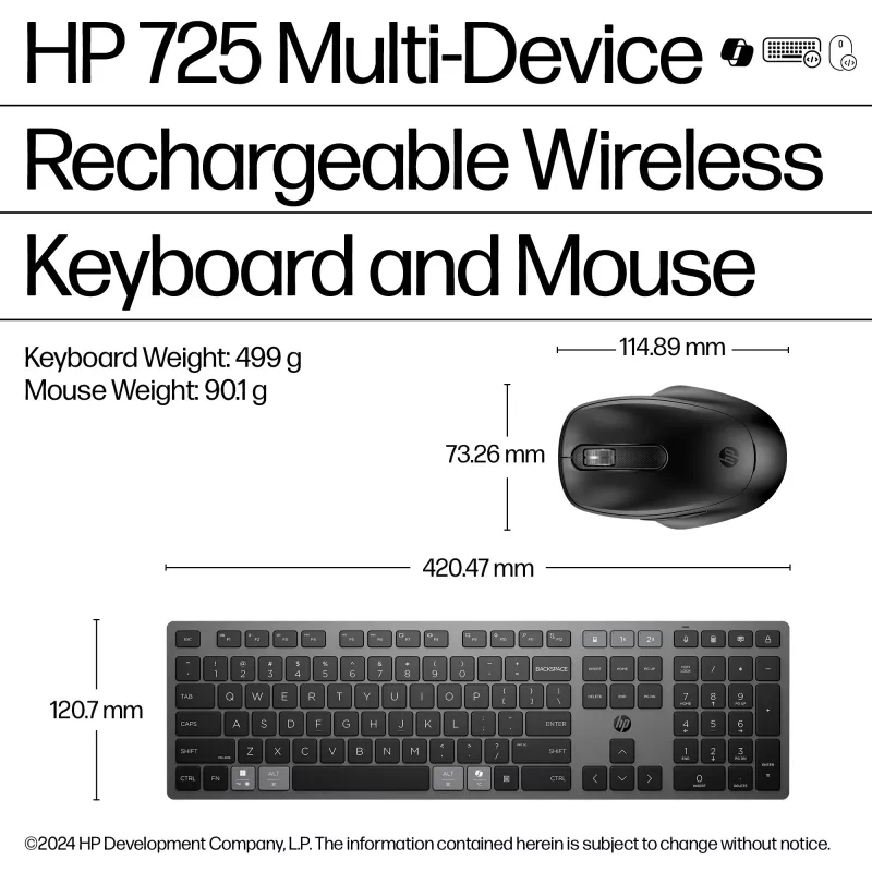 HP 725 belaidis klaviatūros ir pelės rinkinys su įkrovimu, pilno dydžio, Bluetooth