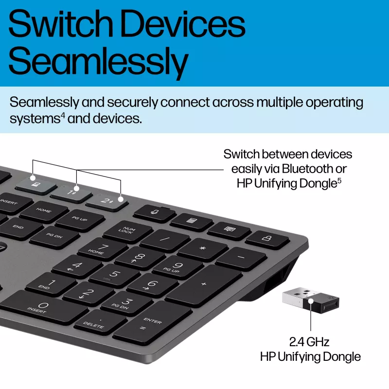 HP 725 belaidis klaviatūros ir pelės rinkinys su įkrovimu, pilno dydžio, Bluetooth
