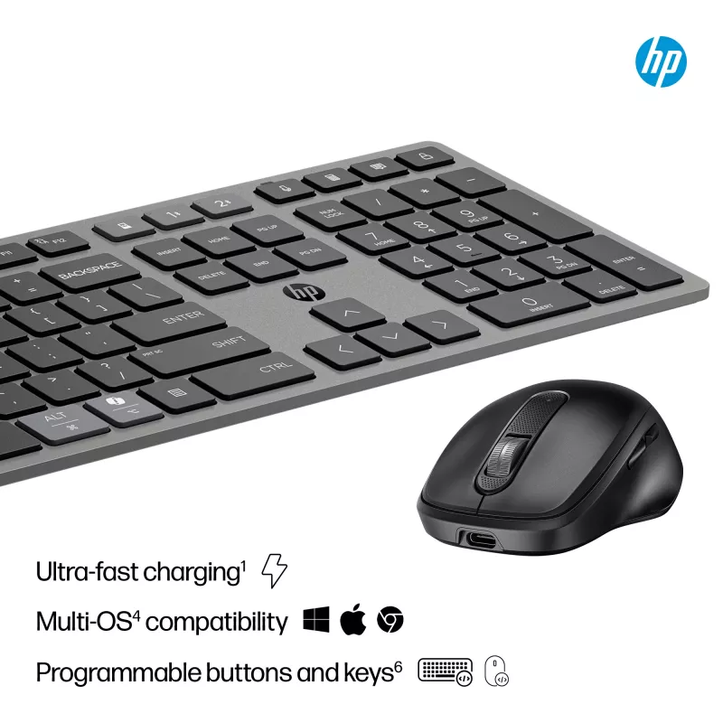 HP 725 belaidis klaviatūros ir pelės rinkinys su įkrovimu, pilno dydžio, Bluetooth